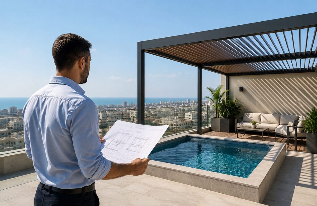 אישור בטיחות לבריכה ואישור לפרגולה במרפסת - מהנדס קונסטרוקציה בודק תכניות מול בריכה ופרגולה במרפסת גג, ב.ר.נ הנדסה
