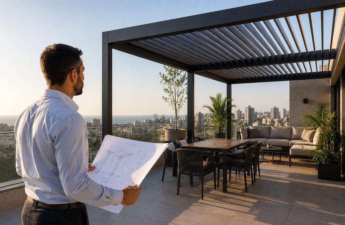Balcony pergola approval - structural engineer reviewing plans next to a rooftop terrace pergola - BRN Engineering