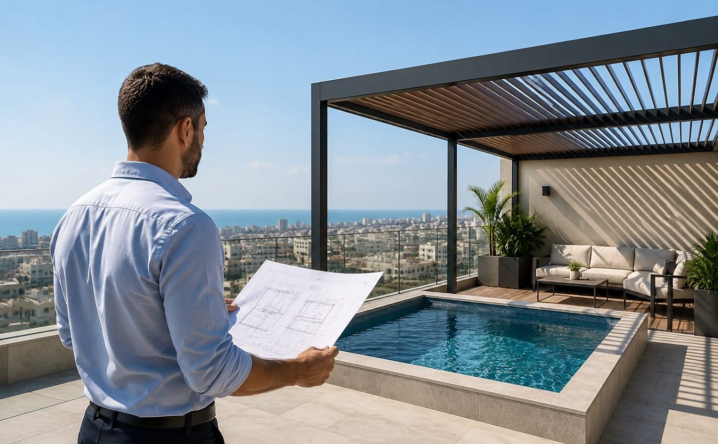 Structural engineer reviewing drawings beside a rooftop pergola and pool before a building addition