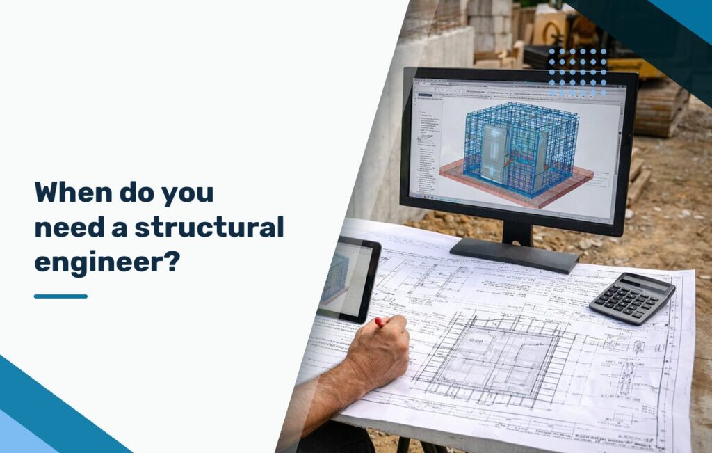 Structural engineer reviewing a frame drawing against a 3D model on a construction site